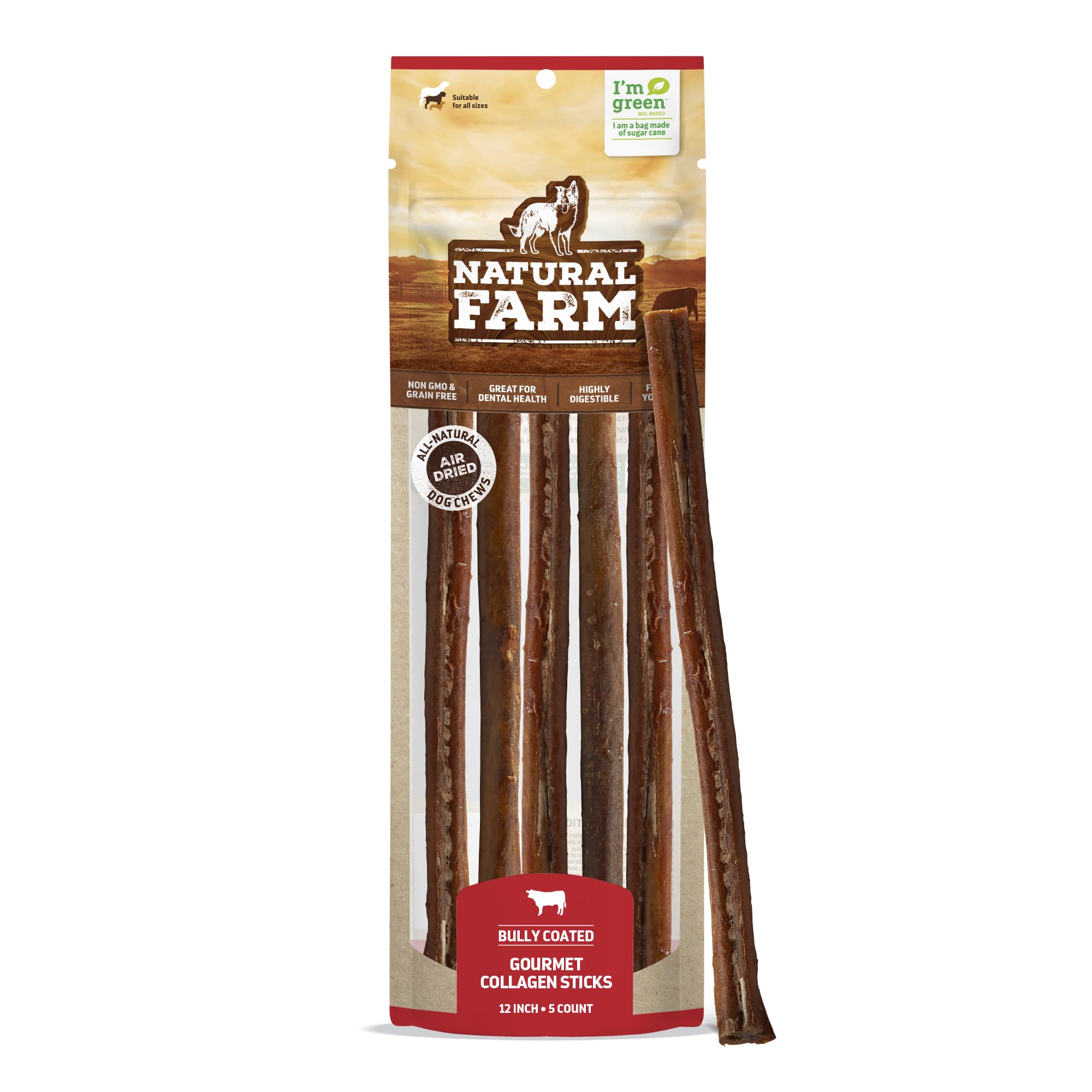 Natural Farm bully-coated gourmet collagen sticks 12in pack packshot: chews for joints and coat health.