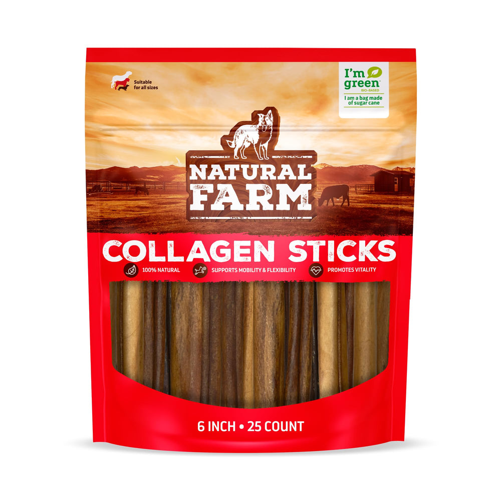 Natural Farm Collagen Sticks 6in pack on shelf, odor-free dog chew for long-lasting enjoyment.