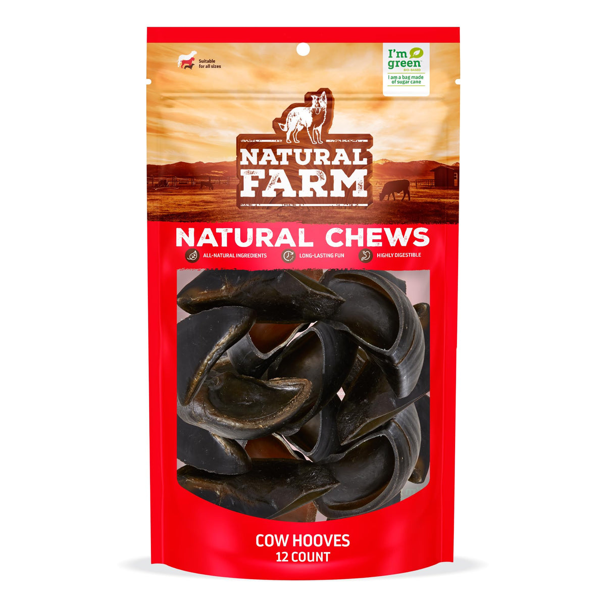 Natural Farm cow hooves 12-pack odor-free chews for dogs, ideal for rewards.