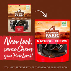 Natural Farm Cow Hooves dental-action shot hints at potential dental health support.