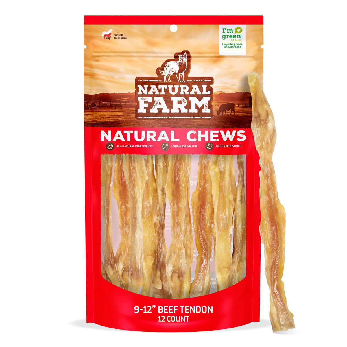 Natural Farm extra-thick beef tendons 9-12 inch front view for long-lasting chew and dental care.
