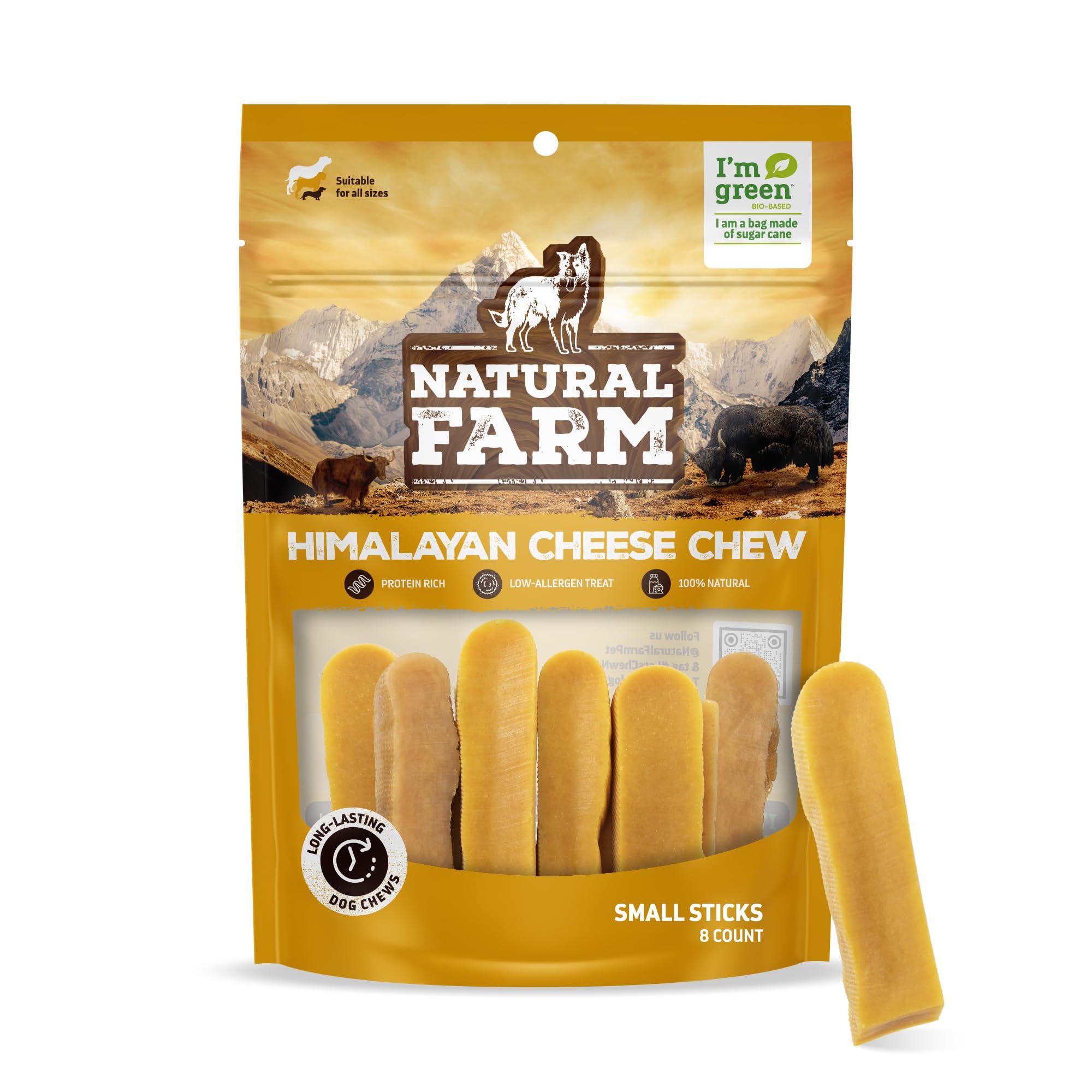 Natural Farm Himalayan Yak Cheese Chews pack highlights protein-rich dog treats.
