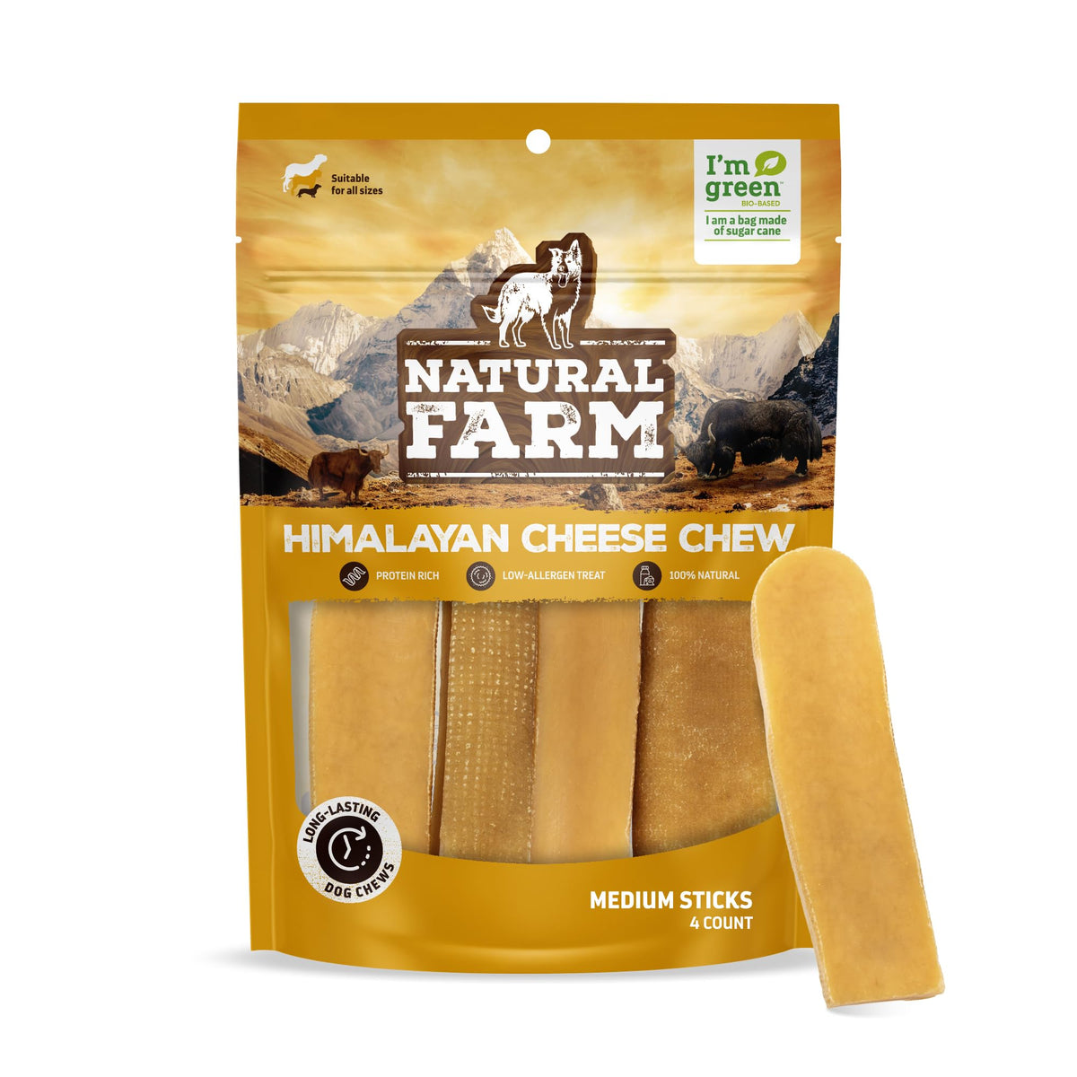 Natural Farm Himalayan Yak Chews pack-front shows a protein-rich dog treat for active pets.