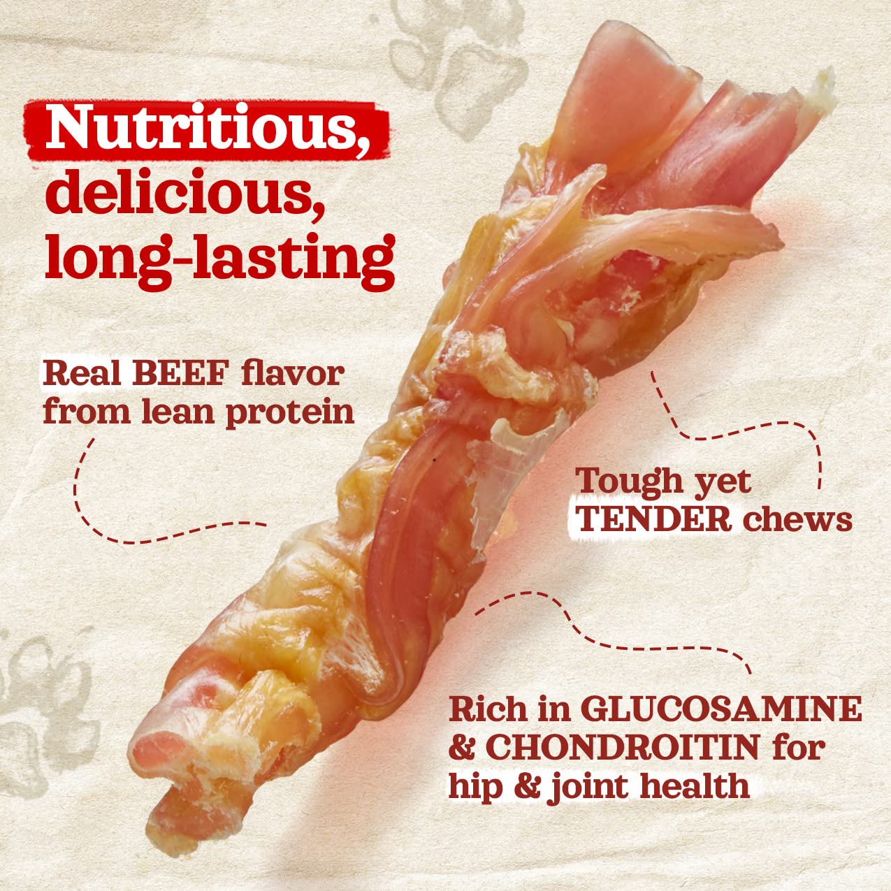 Natural Farm ingredients label close-up with 100% Brazilian beef for quality chews.