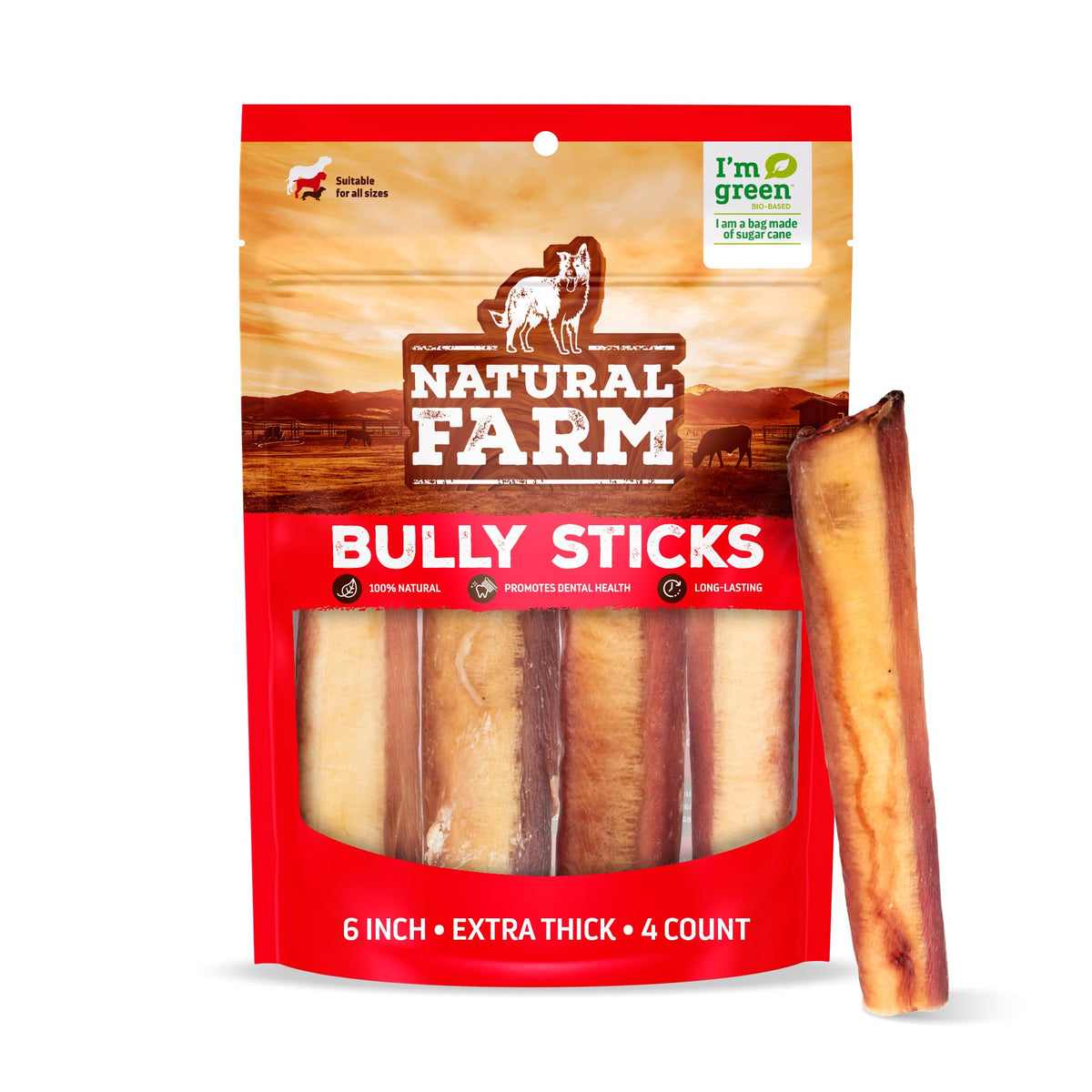 Natural Farm Jumbo Bully Sticks 6in 4-pack unwrapped for engaging dog chews
