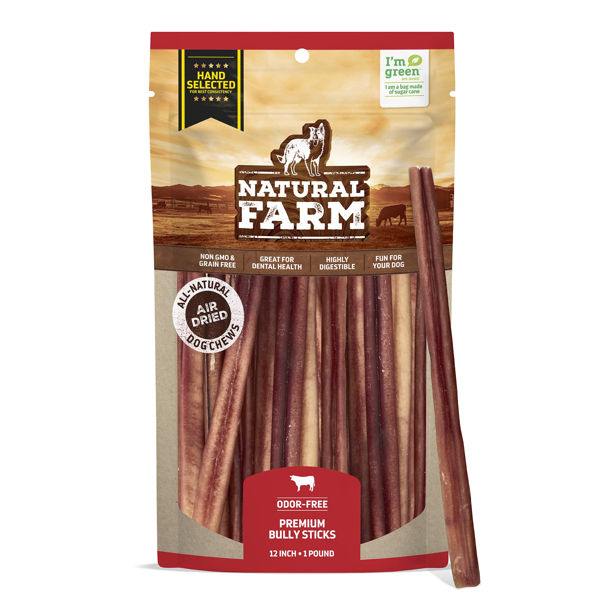 Natural Farm Odor-Free Bully Sticks 12-inch pack for dogs promoting dental care