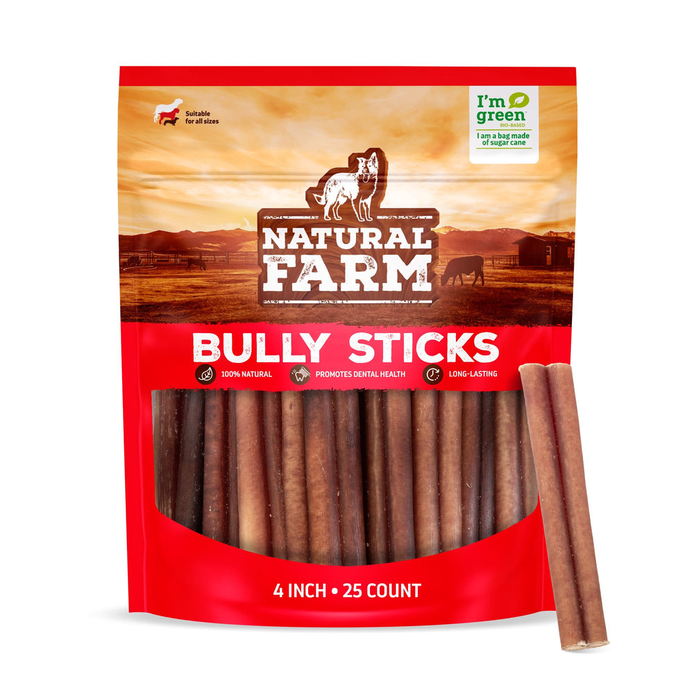 Natural Farm Odor Free Bully Sticks 4-inch chew for long-lasting rewards for small and medium dogs.