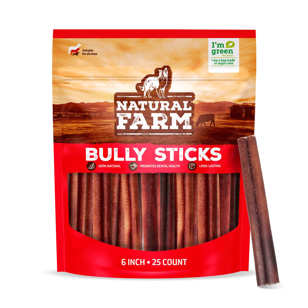 Natural Farm Odor-Free Bully Sticks packaging showcases a 6-inch chew for long-lasting play.