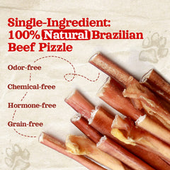Natural Farm Odor-Free Bully Sticks feature grass-fed cattle for a natural protein source.
