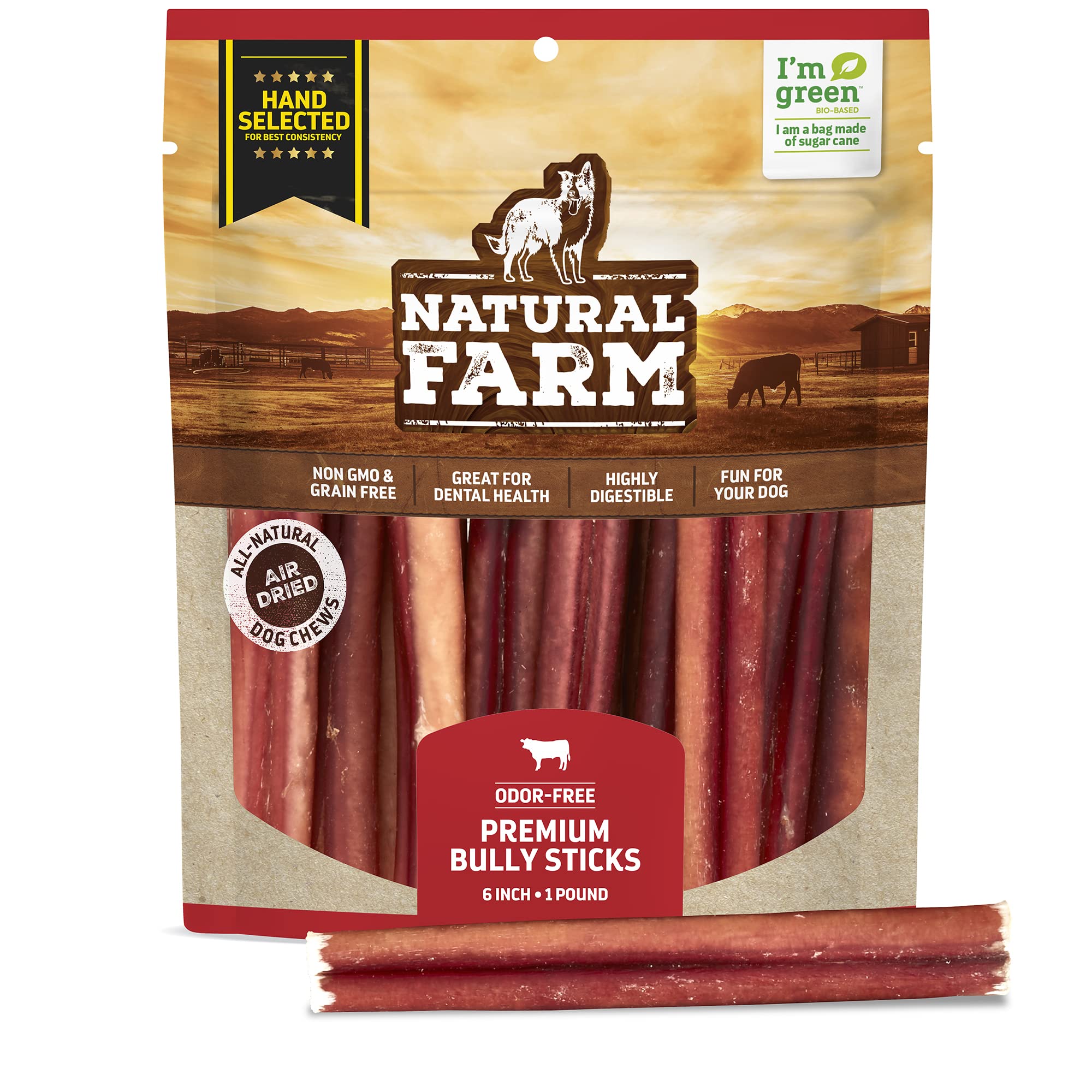 Natural Farm odor-free bully sticks header shows premium, consistent thickness for dogs.