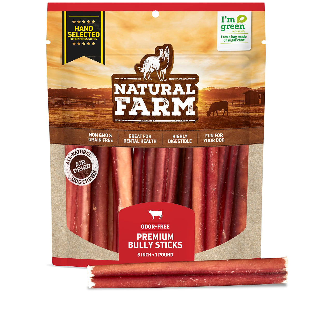 Natural Farm odor-free bully sticks header shows premium, consistent thickness for dogs.