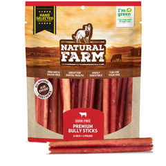 Natural Farm odor-free bully sticks header shows premium, consistent thickness for dogs.