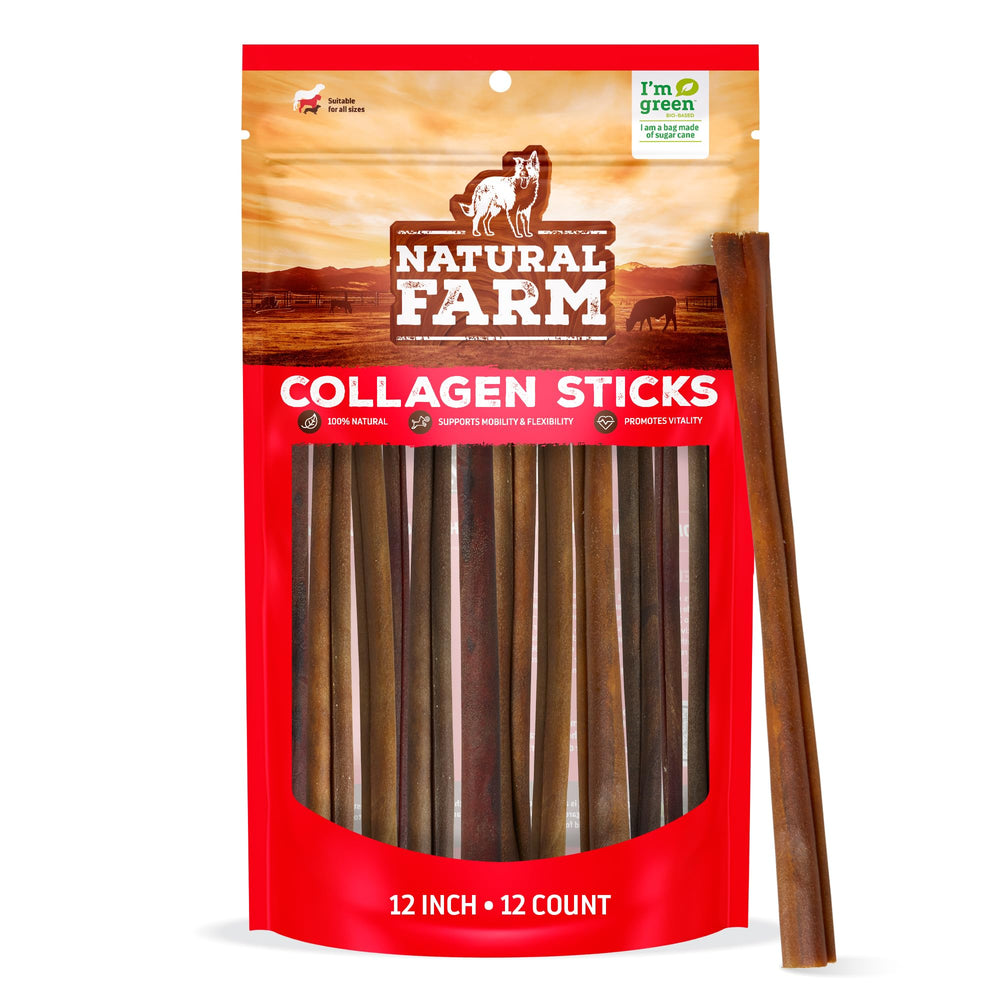 Natural Farm Odor-Free Collagen Chews 12-inch sticks shown for long-lasting chew sessions.