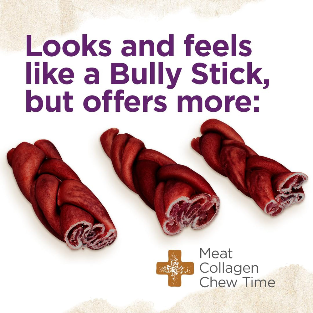 Natural Farm texture close-up shows braided structure for tough, long-lasting chew.