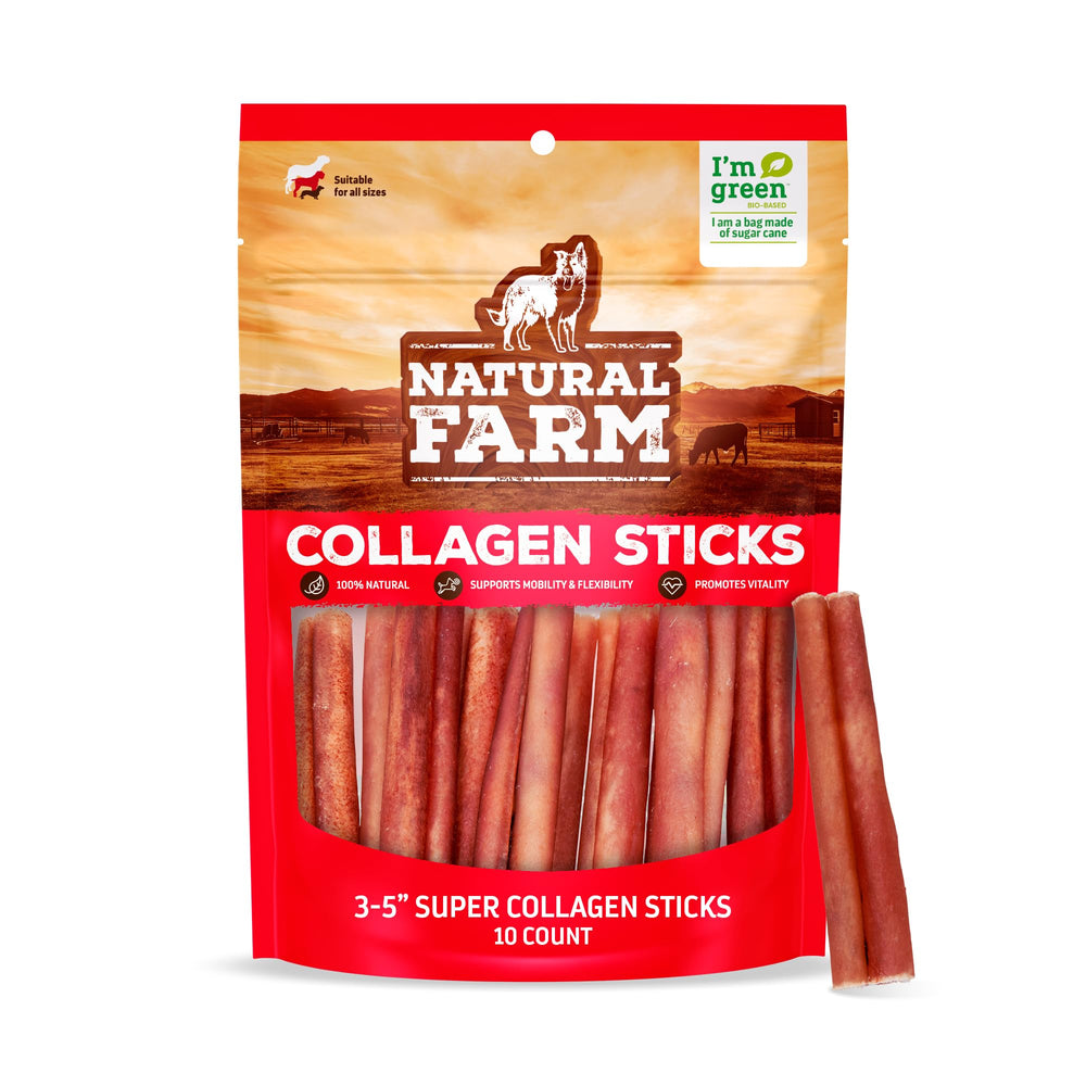 Natural Farm odor-free super collagen dog chews closeup highlights 100% single-ingredient Angus beef for purity.