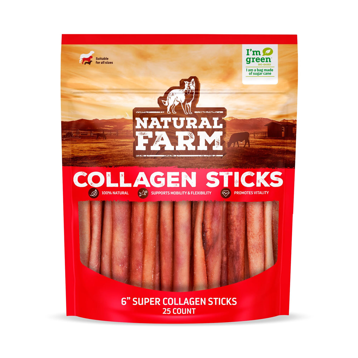 Natural Farm Odor-Free Super Collagen dog chews packaging shows single-ingredient beef skin.