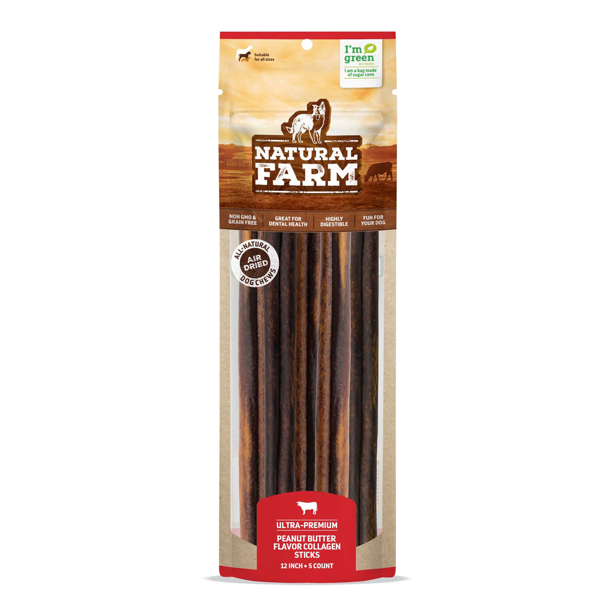 Natural Farm peanut butter collagen stick for dogs, long lasting chew.