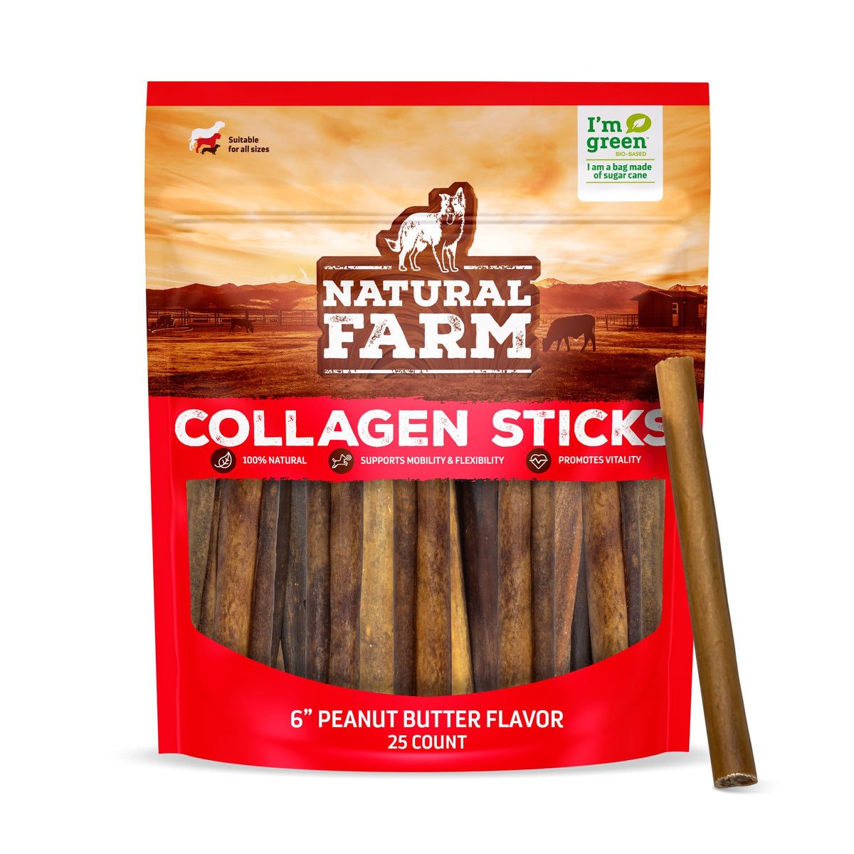Natural Farm peanut-butter-collagen-stick chew closeup demonstrating durable dental chew