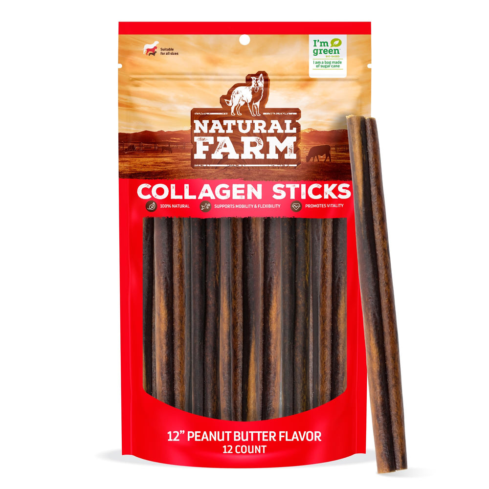 Natural Farm Peanut Butter Collagen Sticks packaging shows premium dog chew for long-lasting rewards