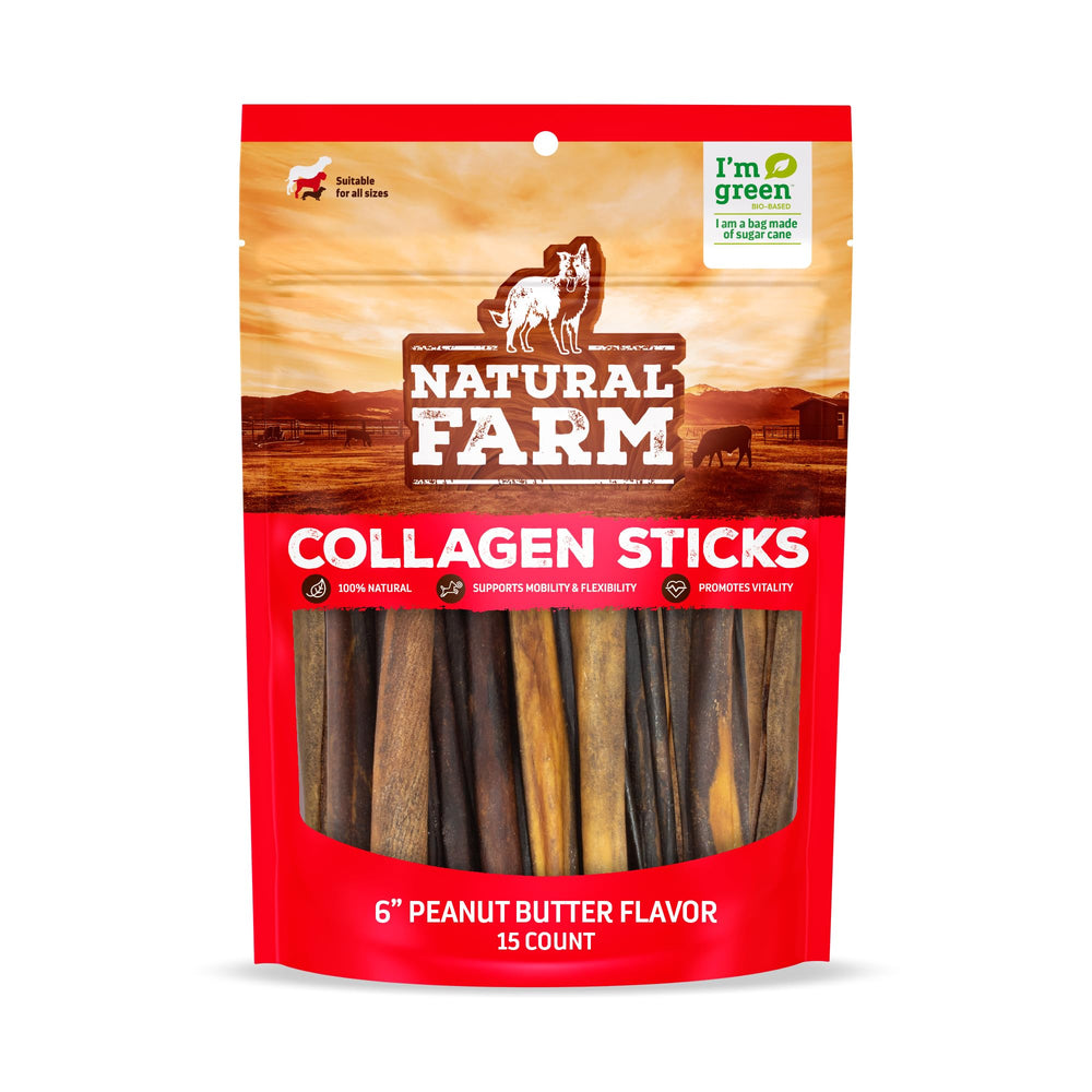Natural Farm Peanut Butter Flavor Collagen Sticks for Dogs pack-front shows long-lasting chew for busy chewers