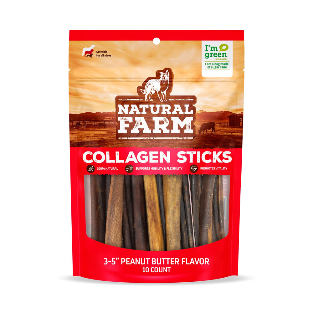 Natural Farm Peanut Butter Collagen Sticks Pack shown for dogs, boosts joint support and dental health.