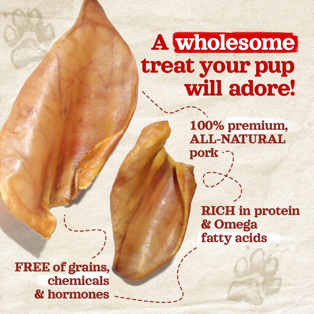 Natural Farm Pig Ears: jaw-stimulating chew that may help reduce plaque and fresher breath.