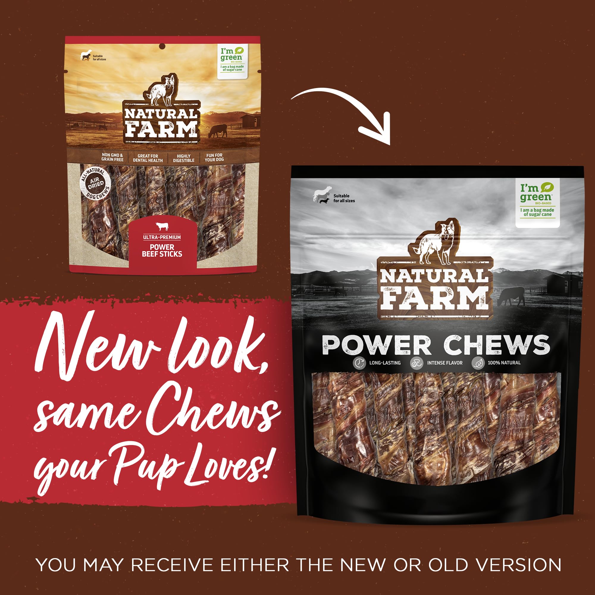 Natural Farm Power Beef Sticks dual-texture closeup highlights beef cheek wrapped in esophagus for extended chewing.