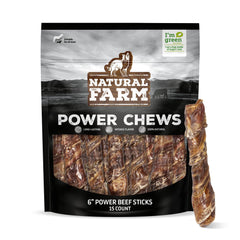 Natural Farm Power Beef Sticks pack front view, ideal for long-lasting chews and rewards.