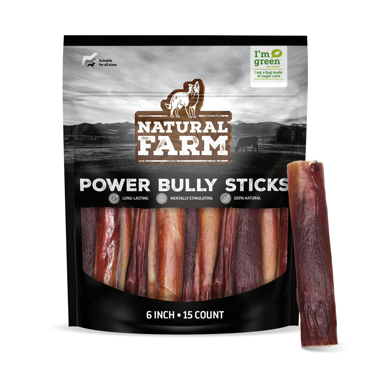 Natural Farm Power Bully Sticks 6-inch pack front — long-lasting dog chew.