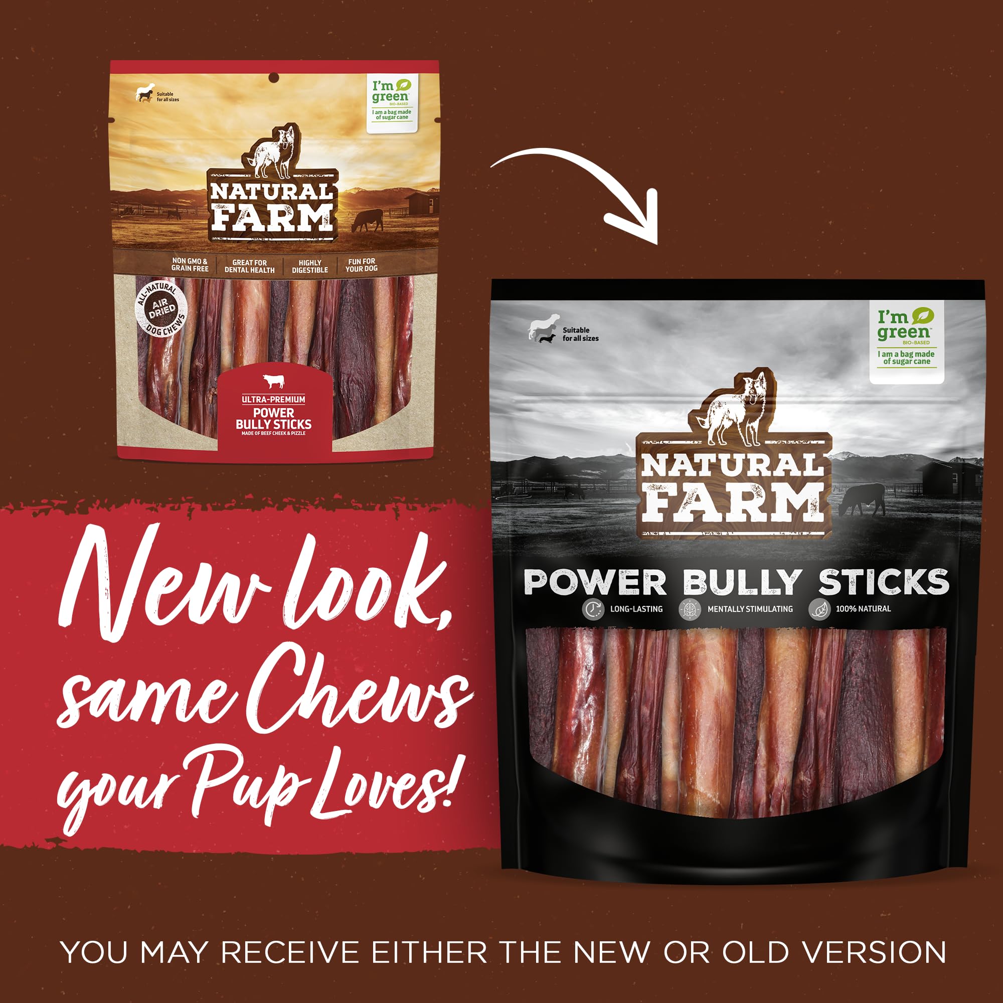 Natural Farm Power Bully Sticks 6in pack side highlights durable chew during training sessions