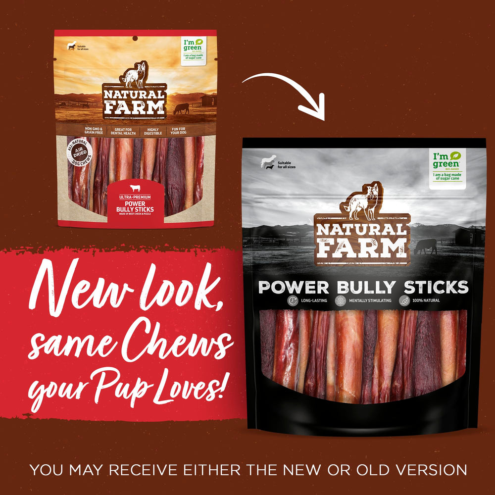 Natural Farm Power Bully Sticks 6in pack side highlights durable chew during training sessions