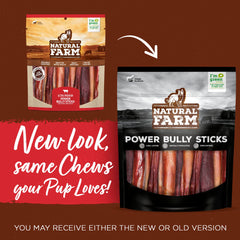 Natural Farm Power Bully Sticks 6in pack side highlights durable chew during training sessions