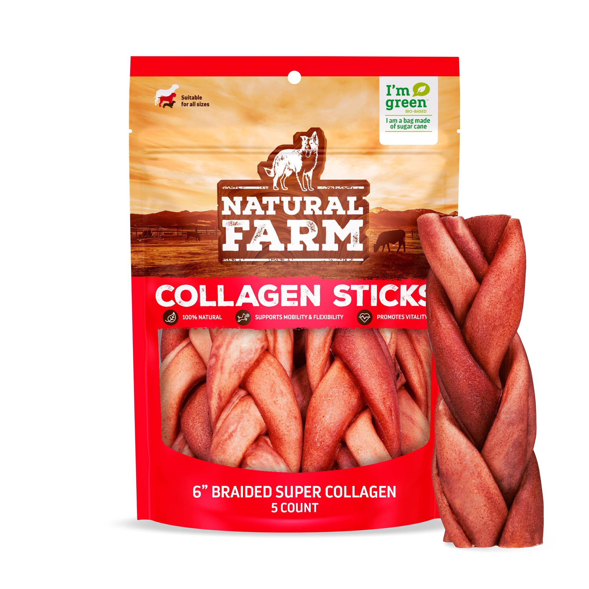 Natural Farm collagen dog chew texture close-up shows rich beef skin for longer chew.