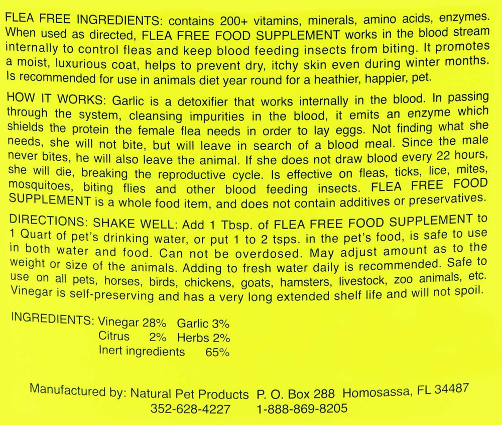 Natural Pet Products Flea-Free demonstrates garlic and vinegar as natural flea-deterrence