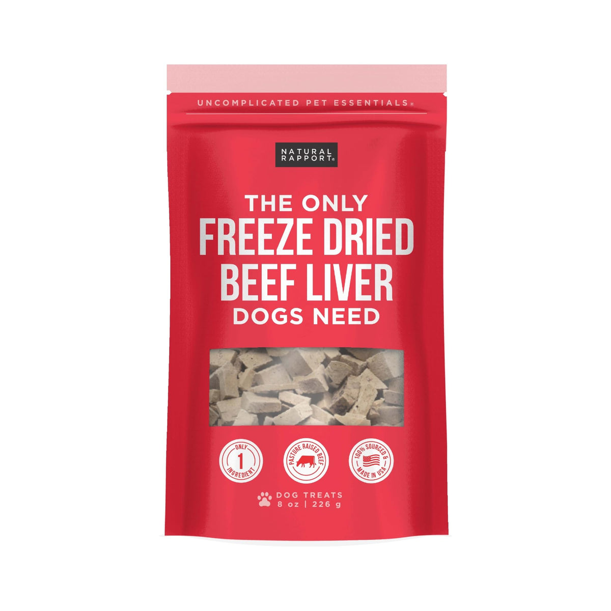 Natural Rapport beef liver dog treats in an 8oz pouch showing packaging and freshness.