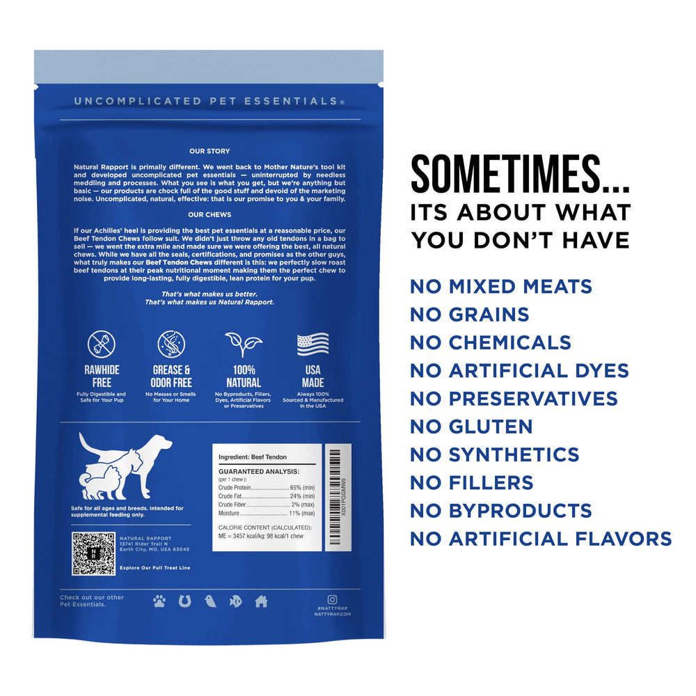 Natural Rapport Beef Tendon Treats close-up texture showing a chewy, long-lasting bite.