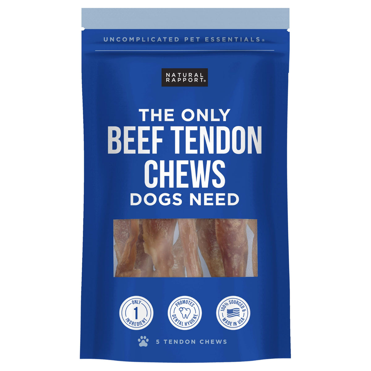 Natural Rapport Beef Tendon Treats packaging highlights all-natural ingredients and USA-sourced beef.