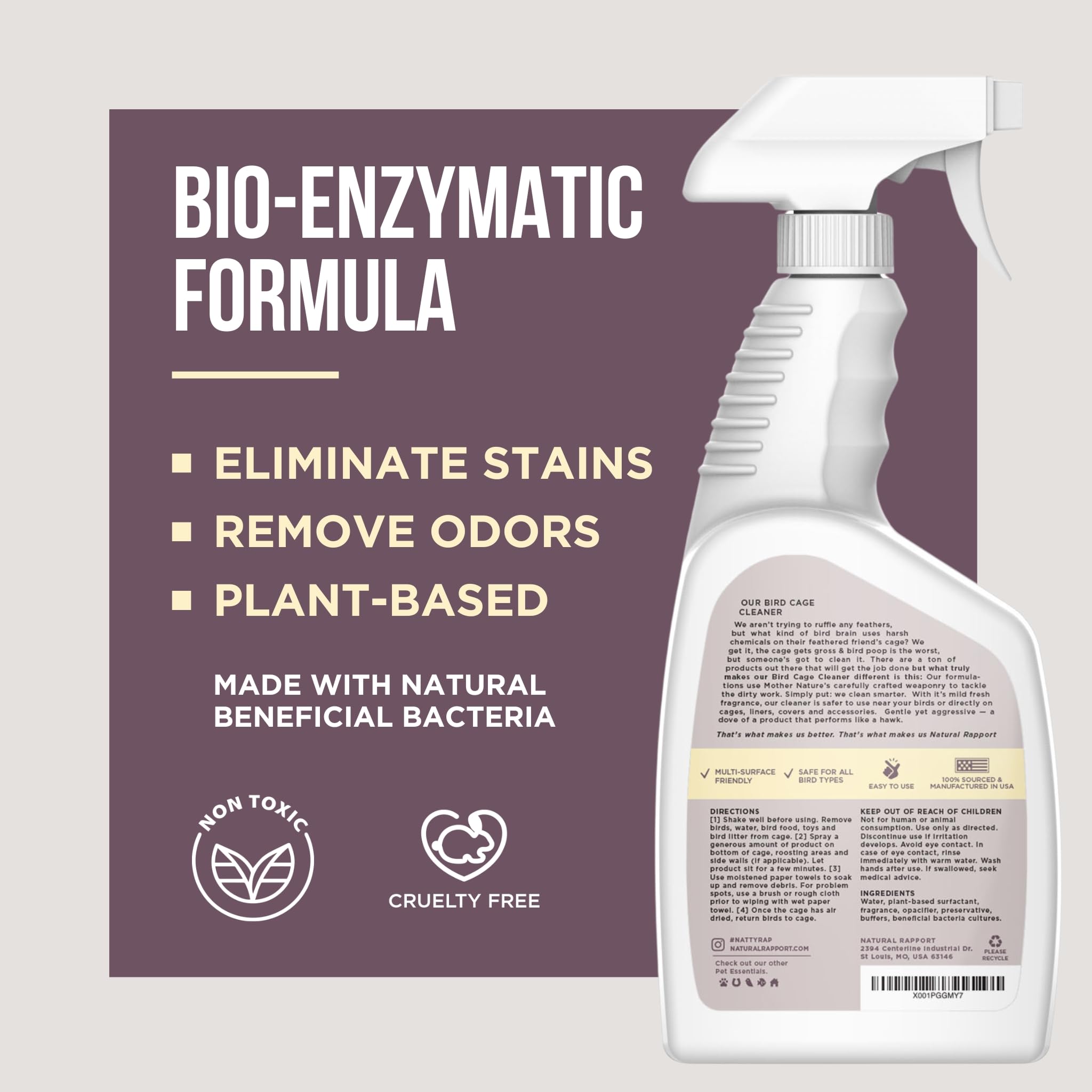 Natural Rapport Bird Cage Cleaner safe for all bird types, suitable for different enclosures