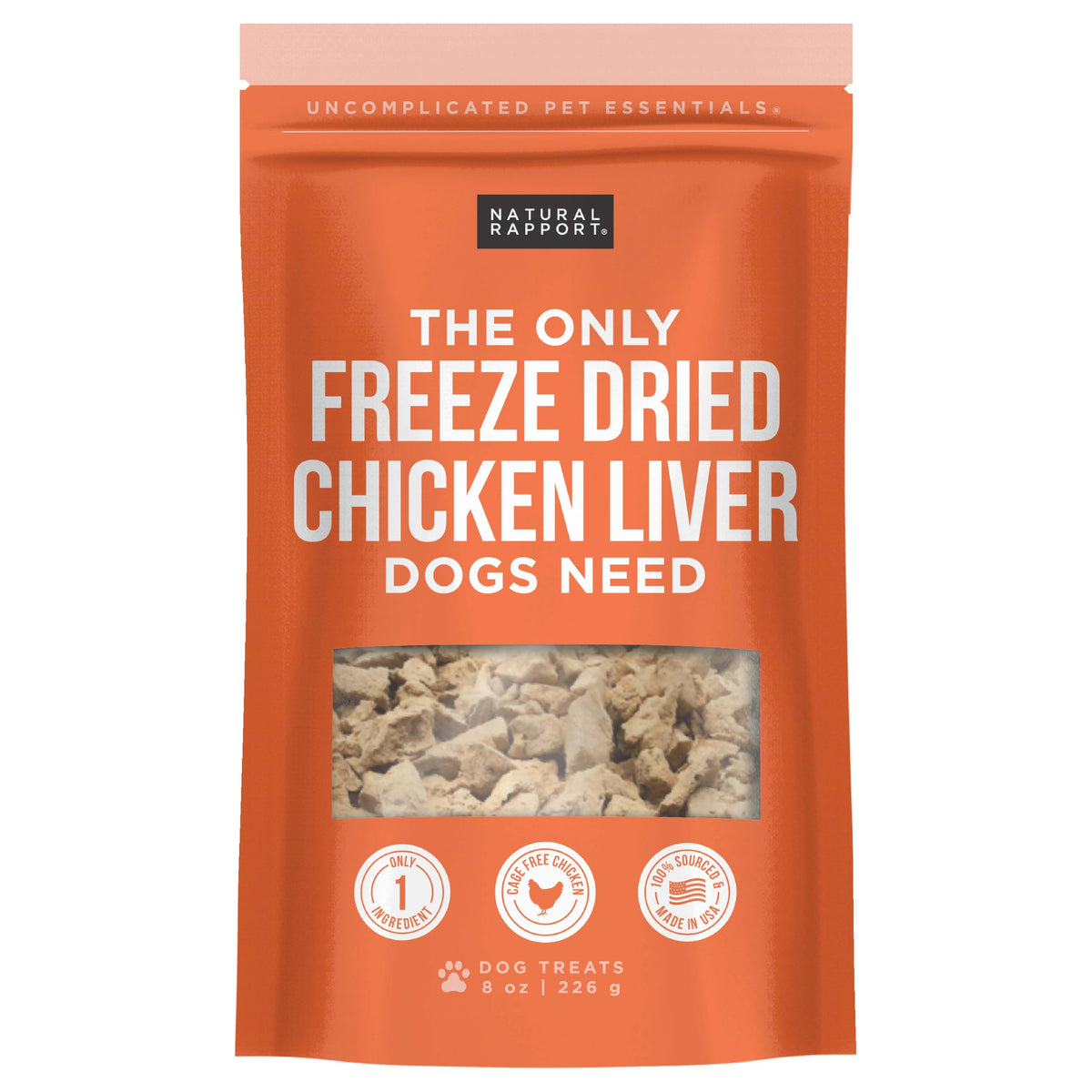 Natural Rapport chicken liver dog treats pack front view for quick rewards on walks