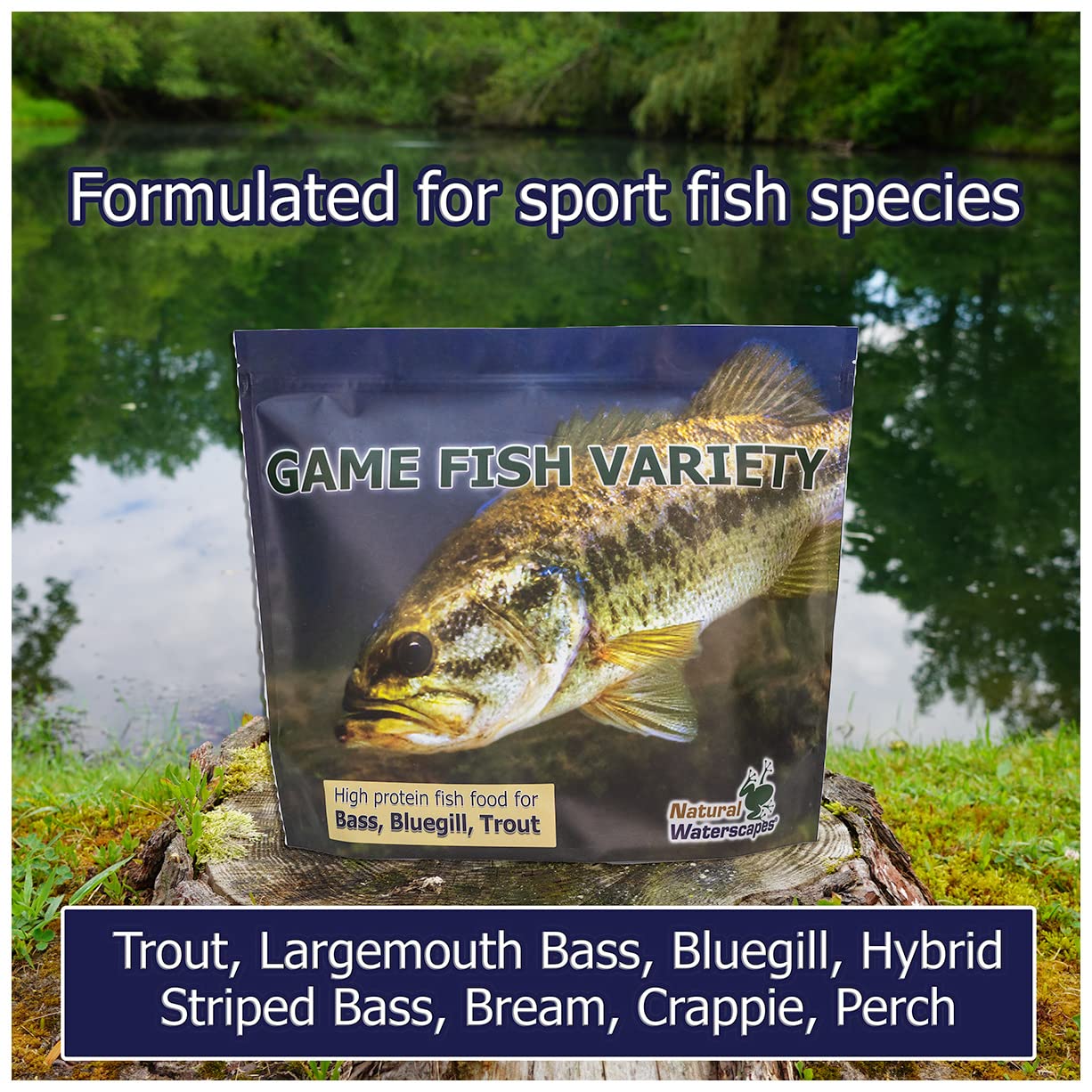 Natural Waterscapes premium feed blend USA-made for high-quality pond nutrition.