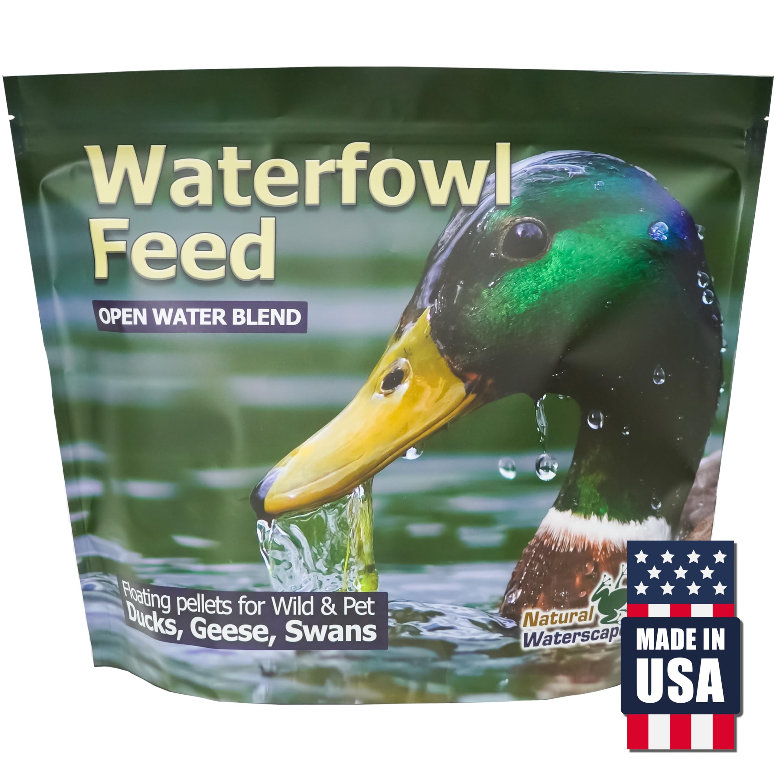 Natural Waterscapes Waterfowl Feed bag front shows resealable packaging for fresh pellets