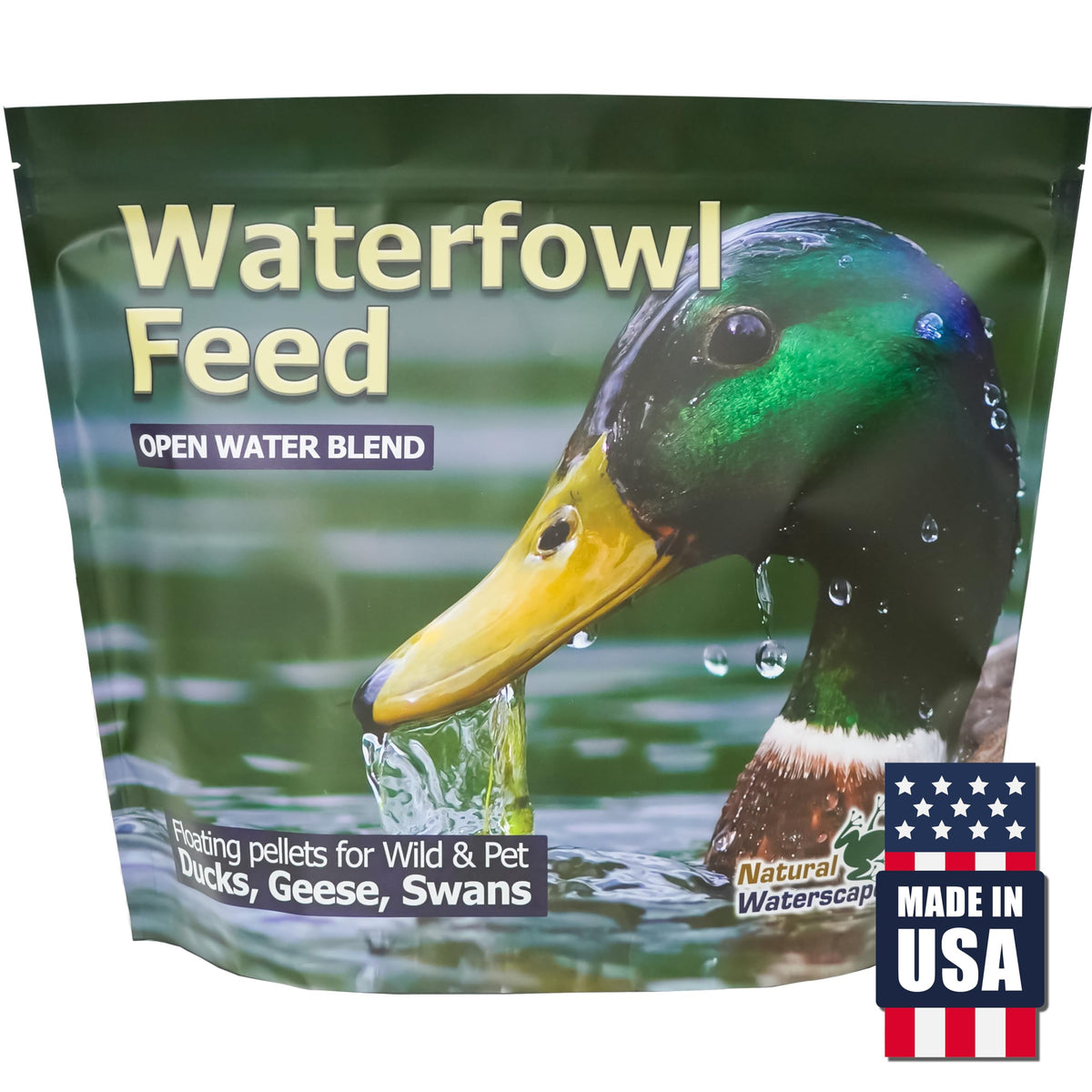 Natural Waterscapes Waterfowl Feed bag front shows resealable packaging for fresh pellets