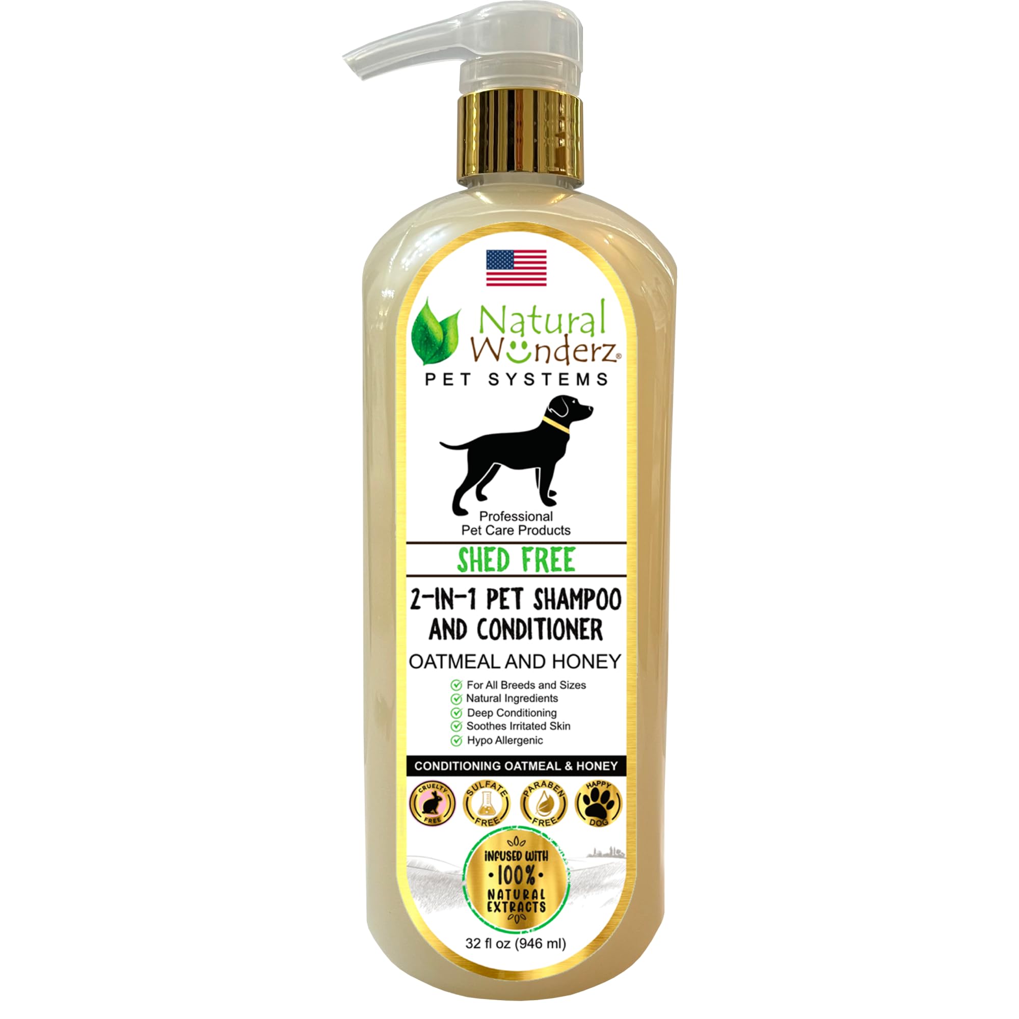 Natural Wunderz pet shampoo bottle shows gentle cleansing for all breeds