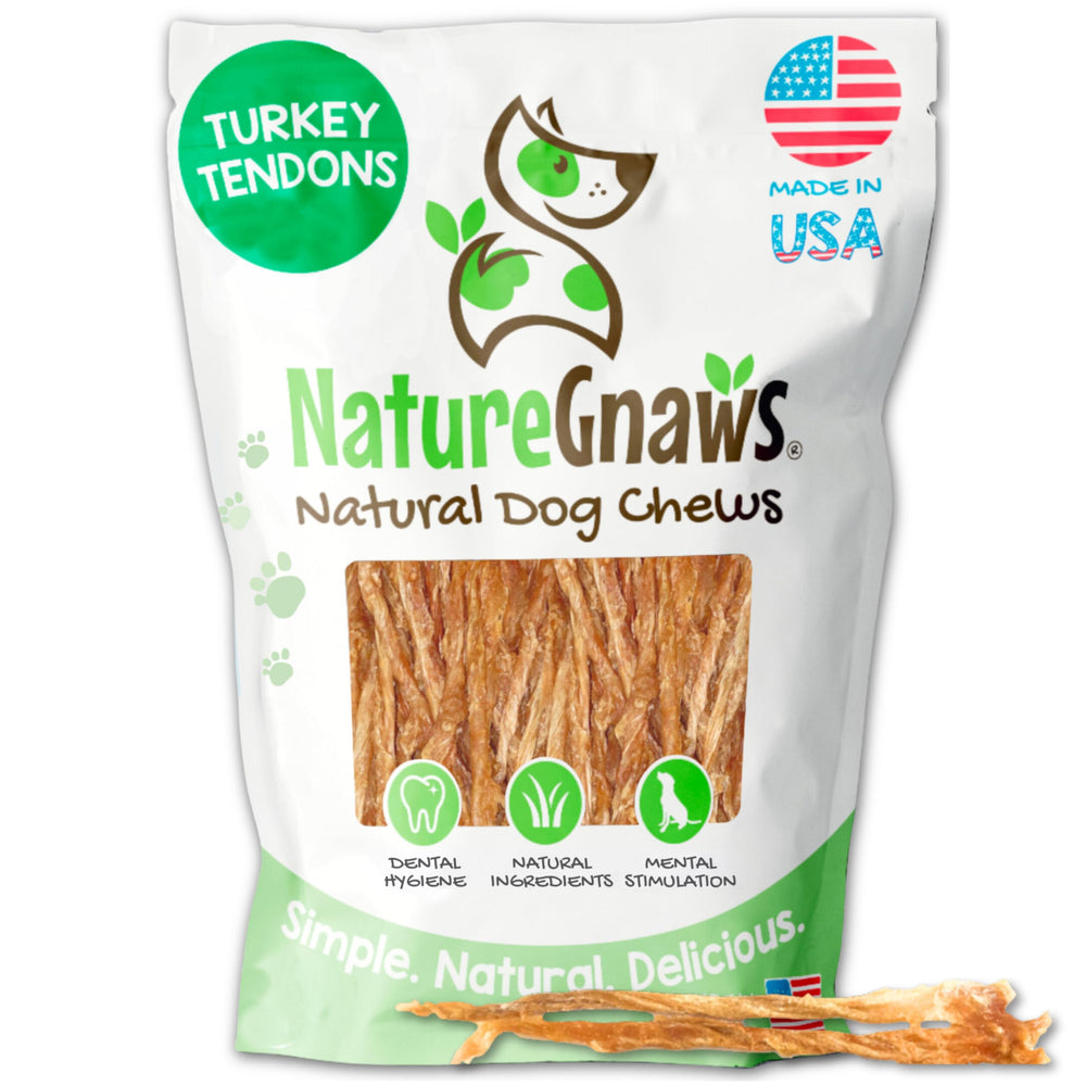 Nature Gnaws USA Turkey Tendons packaging shows grain-free chews for puppies and dogs for teething relief.
