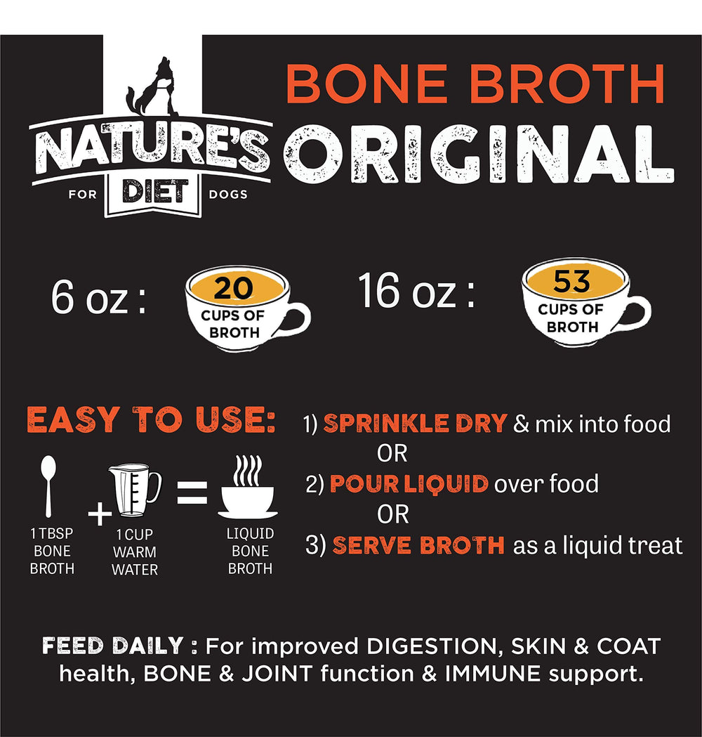 Nature's Diet bone broth powder package ready as a tasty snack topper.
