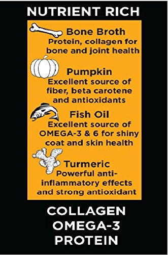 Nature's Diet bone broth powder jar over pet food to boost flavor.