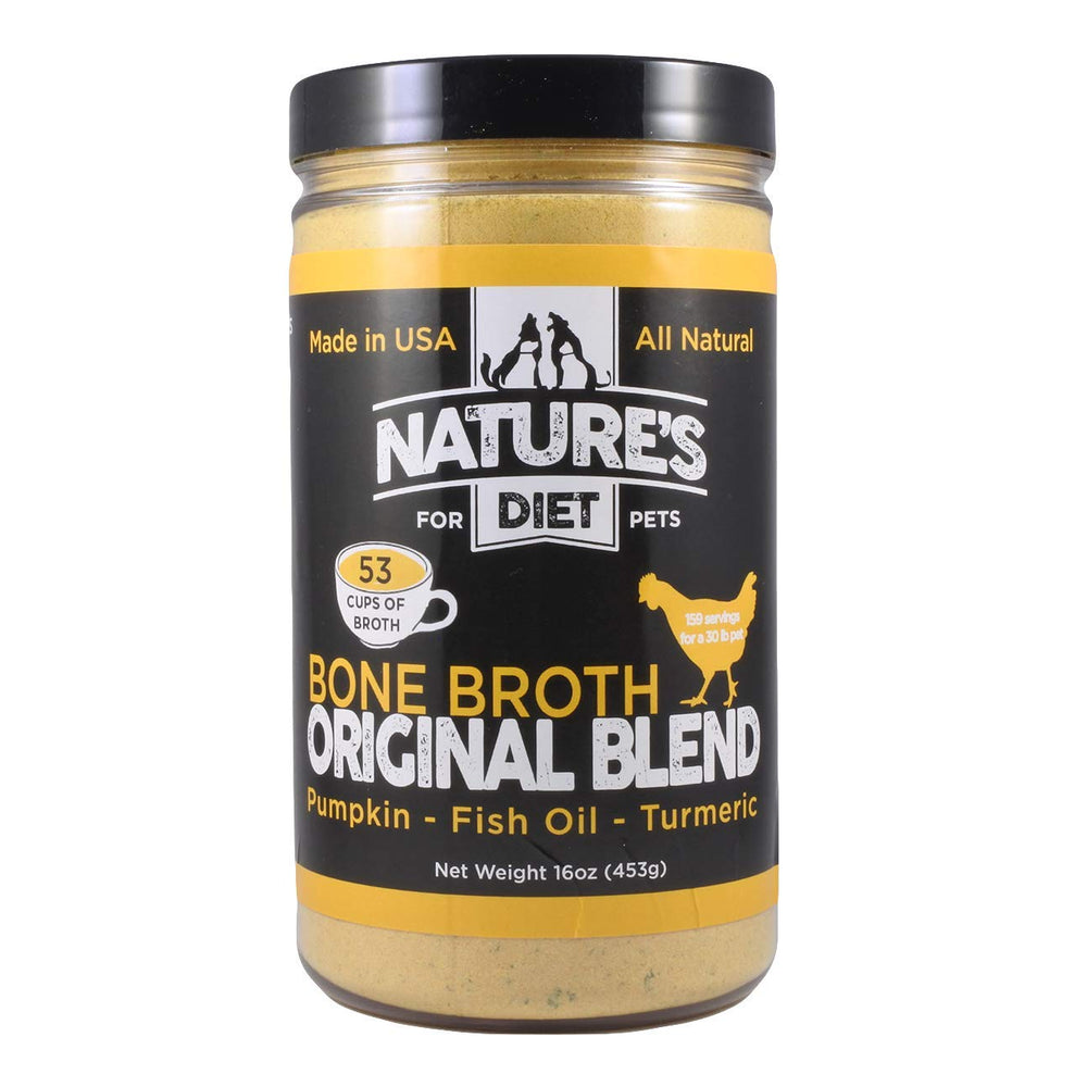 Nature's Diet bone broth powder in a jar for easy daily nourishment.