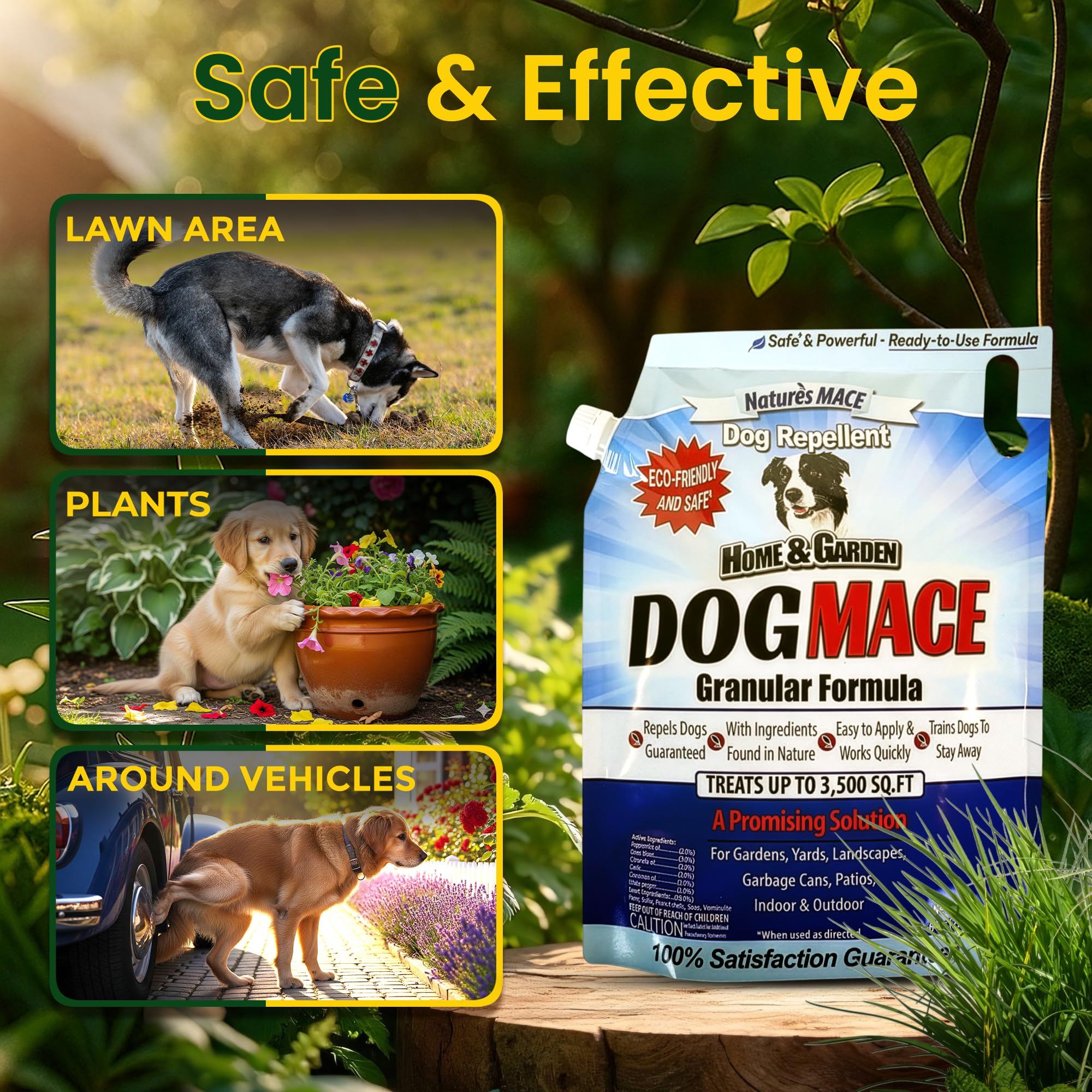 Nature's MACE Dog Mace granules in garden beds deterring dogs from flowers