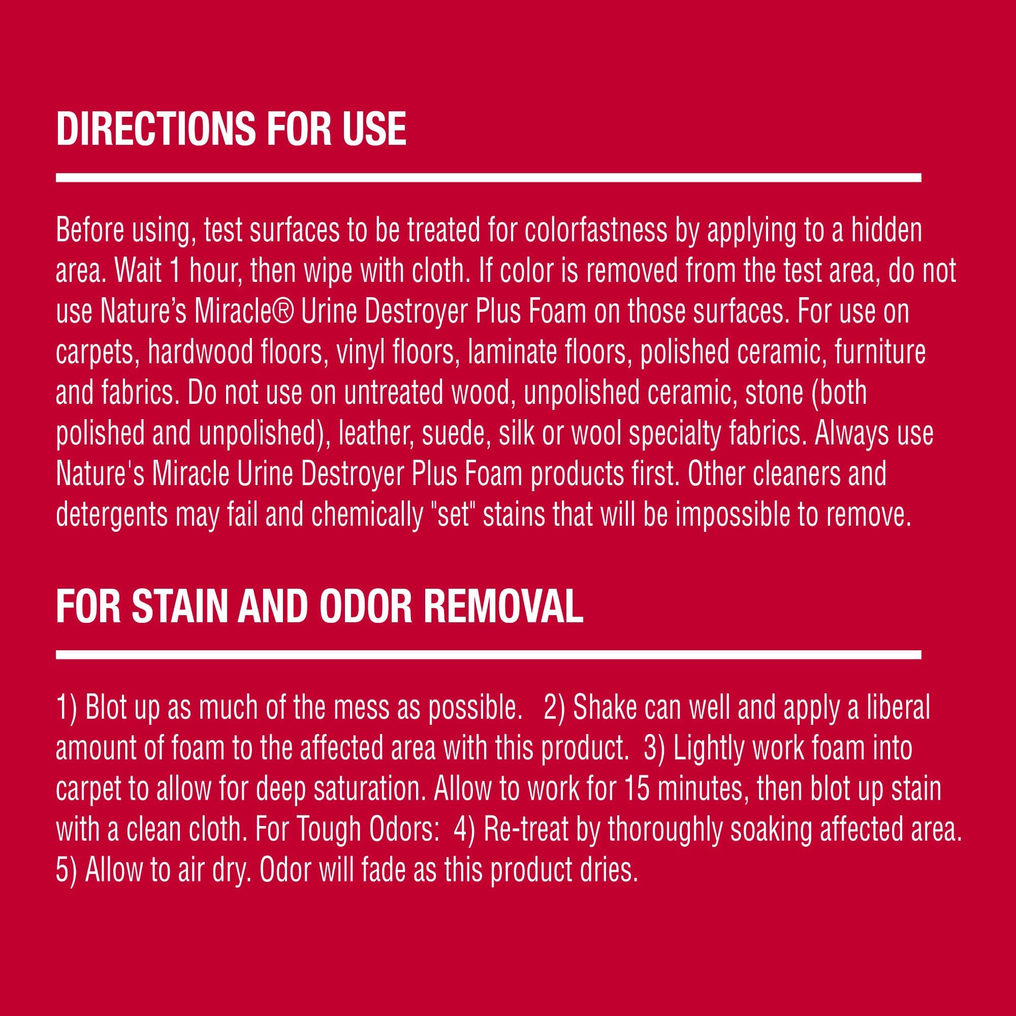 Nature's Miracle Urine Destroyer Plus on carpet fibers for stain lift
