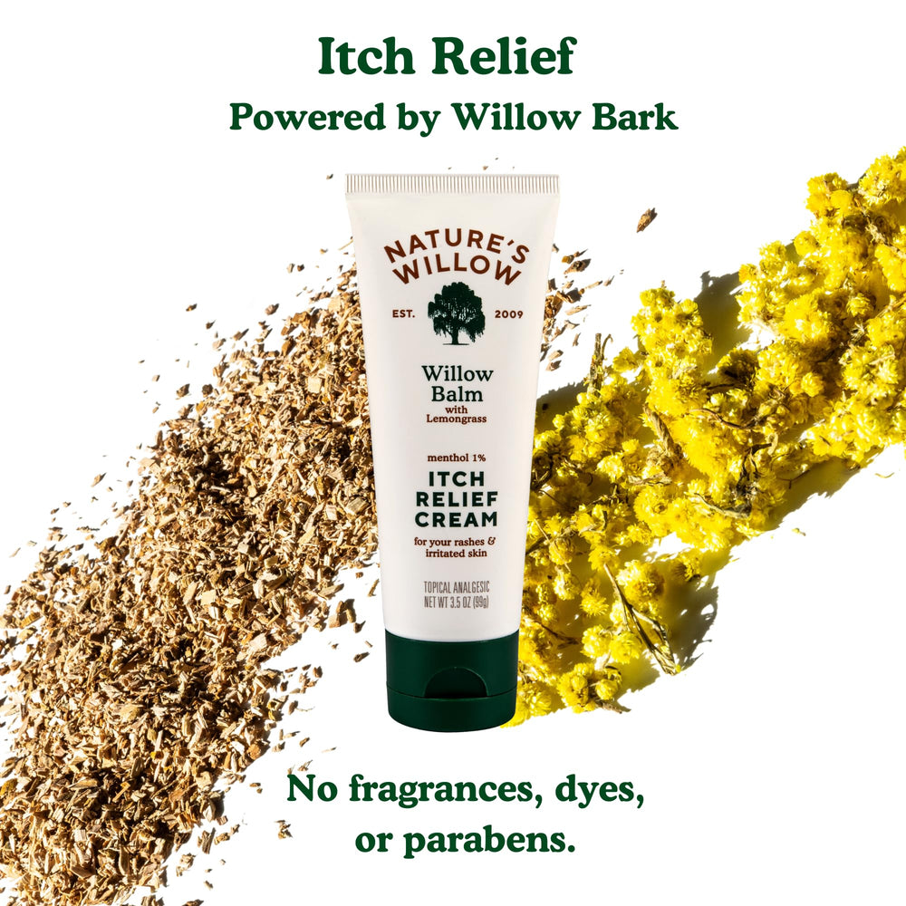 Nature's Willow Itch Relief Lotion application on arm shows smooth, quick-absorbing formula.
